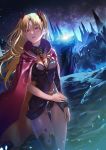  1girl black_dress black_legwear blonde_hair cape commentary_request dress ereshkigal_(fate/grand_order) fate/grand_order fate_(series) hair_between_eyes hair_ribbon kainownill long_hair multicolored multicolored_cape multicolored_clothes open_mouth red_cape red_eyes red_ribbon ribbon short_dress single_sleeve single_thighhigh skull solo spine thighhighs two_side_up underground very_long_hair yellow_cape 