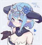  1girl :o bangs bare_shoulders black_gloves blue_eyes blue_flower blue_hair breasts cleavage curled_horns dragon_horns dress eyebrows_visible_through_hair flower gloves grey_background hair_between_eyes hair_flower hair_ornament hand_up headpiece heart horns karunabaru long_hair looking_at_viewer medium_breasts parted_lips pointy_ears shadowverse single_strap solo translation_request white_dress whitefrost_dragonewt_filene 