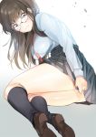  1girl blush breasts brown_eyes brown_footwear brown_hair glasses kneehighs loafers long_hair lying ogino_atsuki on_side original red_neckwear shoes skirt skirt_tug solo thighs white_background 