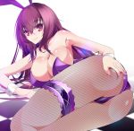  1girl animal_ears areola_slip areolae bow bowtie breasts bunny_ears bunny_girl bunnysuit cleavage detached_collar fake_animal_ears fake_tail fate/grand_order fate_(series) fishnet_legwear fishnets highres leotard lying on_side piercing_bunny purple_leotard scathach_(fate)_(all) scathach_(fate/grand_order) smile solo strapless strapless_leotard tail thigh_strap wrist_cuffs yahoo0124 
