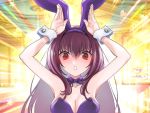  1girl animal_ears armpits arms_up bangs blush breasts bunny_ears bunny_pose bunnysuit cleavage detached_collar fake_animal_ears fate/grand_order fate_(series) hair_between_eyes hands_up large_breasts leotard long_hair looking_at_viewer open_mouth purple_hair purple_leotard red_eyes scathach_(fate)_(all) scathach_(fate/grand_order) sow_mhxx wrist_cuffs 