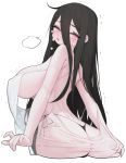  1girl ass bare_shoulders black_hair blush covered_nipples crying eyebrows_visible_through_hair fang hair_between_eyes highres long_hair mole mole_under_eye original parted_lips pink_eyes rabbit_(wlsdnjs950) see-through simple_background solo tears tongue trembling white_background 