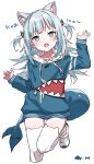  1girl animal_ears blue_eyes blue_hair blue_hoodie cat_ears fish_skeleton full_body gawr_gura h_(2de1flf8) highres hololive hololive_english looking_at_viewer multicolored_hair open_mouth shark_girl shark_tail sharp_teeth shoes silver_hair streaked_hair tail teeth twitter waving_arms white_background white_legwear 
