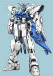  blue_background clenched_hands green_eyes gundam gundam_g-saviour looking_at_viewer mecha niiyan no_humans original sketch solo standing v-fin 