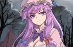  1girl bare_tree blue_bow blue_ribbon bow bowtie breasts cloud cloudy_sky collar commentary_request crescent crescent_moon_pin eyebrows_visible_through_hair hair_bow hat hat_ribbon large_breasts light_frown long_hair mob_cap namiki_(remiter00) patchouli_knowledge purple_bow purple_eyes purple_hair purple_neckwear red_bow ribbon sky solo touhou tree upper_body very_long_hair 