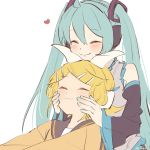  2girls :i aqua_hair aqua_nails aqua_neckwear bangs bare_shoulders black_collar black_sleeves blonde_hair bow cheek_squash chin_rest closed_eyes collar commentary detached_sleeves grey_shirt hair_bow hair_ornament hairclip hatsune_miku head_on_head headphones headset heart highres kagamine_rin light_blush long_hair m0ti multiple_girls nail_polish necktie on_lap orange_sweater sailor_collar shirt short_hair sitting sitting_on_lap sitting_on_person sleeveless sleeveless_shirt smile sweater swept_bangs twintails upper_body very_long_hair vocaloid white_background white_bow white_shirt yuri 