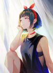  1girl absurdres arata_yokoyama black_hair bob_cut bow choker hair_bow hand_on_own_cheek highres light_smile looking_up original red_bow shirt short_hair sleeveless sleeveless_shirt solo sports_bra yellow_eyes 