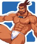  1boy abs bara bare_chest beard blue_eyes blush brown_hair bulge chest facial_hair feet_out_of_frame fundoshi japanese_clothes loincloth male_focus manly muscle navel nipples sakuramarusan sangokushi_puzzle_taisen short_hair solo thick_eyebrows thick_thighs thighs underwear underwear_only 