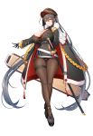  1girl absurdly_long_hair absurdres alternate_costume azur_lane bangs belt black_footwear black_gloves black_hair black_headwear breasts brown_legwear cape chixiao cleavage covered_navel eyebrows_visible_through_hair full_body fur-trimmed_cape fur_trim gloves hair_between_eyes hair_ribbon half_gloves hand_on_own_chest hat highres huge_breasts katana long_hair long_sleeves looking_at_viewer pantyhose parted_lips peaked_cap red_eyes red_ribbon ribbon simple_background skindentation smile solo sword taihou_(azur_lane) thigh_gap thigh_strap tied_hair twintails very_long_hair weapon white_background 
