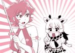  blush bow breasts choker commentary_request crossover cutie_honey cutie_honey_(character) gloves kemono_friends magical_girl monochrome multiple_girls open_mouth pointing reticulated_giraffe_(kemono_friends) short_hair sword ueyama_michirou weapon 