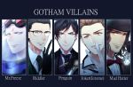  5boys absurdres araragi_soushi batman_(series) black_gloves black_hair black_headwear blue_eyes bow bowtie brown_eyes brown_hair cane character_name copyright_name edward_nygma facial_hair formal glasses gloves goggles goggles_on_head gotham_(series) hat highres jerome_valeska jervis_tetch looking_at_viewer mad_hatter_(dc) male_focus mr._freeze multiple_boys mustache necktie oswald_chesterfield_cobblepot red_bow stubble suit the_joker watch white_gloves 
