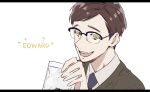  1boy :d batman_(series) blue_neckwear brown_hair brown_suit character_name edward_nygma gotham_(series) green_eyes holding letterboxed looking_at_viewer male_focus necktie open_mouth simple_background smile too_mizuguchi upper_body white_background 