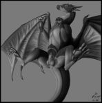  absurd_res animal_genitalia anus balls black_border border butt claws digital_media_(artwork) dragon evalion feral fully_sheathed genitals greyscale hi_res horn male membrane_(anatomy) membranous_wings monochrome nude pawpads paws sheath simple_background solo spread_legs spreading wings 