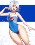  1girl ;d blue_background breasts cawfield cleavage droplets english_commentary eyeshadow grey_hair heart makeup one-piece_swimsuit one_eye_closed open_mouth original pepsi personification short_hair simple_background smile solo sparkle swimsuit two-tone_background water white_background 