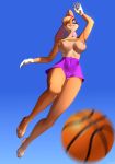  2020 anthro basketball blonde_hair blue_background breasts camel_toe clothed clothing female fur genitals gloves green_eyes hair hair_over_eye handwear hi_res jumping lagomorph leporid lola_bunny looking_at_viewer looney_tunes mammal narrowed_eyes nipples one_eye_obstructed partially_clothed pussy rabbit seductive seductive_eyes simple_background smile solo suspended_in_midair teeth thick_thighs topless warner_brothers wide_hips zhadart 