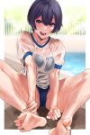  1girl absurdres barefoot black_hair bob_cut breasts cameltoe cleavage feet gym_uniform highres original pool purple_eyes raxxx25_3 school_swimsuit see-through short_hair sitting soles swimsuit toes wet wet_clothes 