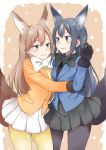  2girls animal_ears arashio_(kantai_collection) asashio_(kantai_collection) blush breasts cosplay ezo_red_fox_(kemono_friends) ezo_red_fox_(kemono_friends)_(cosplay) fox_ears fox_girl fox_tail highres kantai_collection kemono_friends kemonomimi_mode medium_breasts multiple_girls rakisuto silver_fox_(kemono_friends) silver_fox_(kemono_friends)_(cosplay) tail 