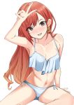  1girl :d abs absurdres arisugawa_natsuha arm_support arm_up armpits bangs bare_arms bare_legs bikini blush breasts brown_eyes cleavage collarbone earrings eyebrows_visible_through_hair groin hand_on_own_head highres idolmaster idolmaster_shiny_colors jewelry long_hair looking_at_viewer medium_breasts navel open_mouth orange_hair shi6zakuro side-tie_bikini simple_background sitting sleeveless smile solo swimsuit v white_background white_bikini white_swimsuit 