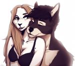  anthro anthro_on_anthro black_hair blonde_hair blue_eyes breasts brown_body brown_fur canid canine canis catherinemeow clothed clothing domestic_cat domestic_dog duo eyes_closed felid feline felis female fur hair love male male/female mammal multicolored_body multicolored_fur open_mouth open_smile partially_clothed romantic_ambiance romantic_couple simple_background smile two_tone_body two_tone_fur white_background white_body white_fur 