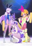  3girls ahoge animal_ears boots bow brown_hair bunny_ears bunny_tail bunnysuit cure_bright cure_moonlight cure_selene earth elbow_gloves fishnet_legwear fishnets futari_wa_precure_splash_star gloves hair_over_one_eye heartcatch_precure! high_heel_boots high_heels hyuuga_saki kaguya_madoka kine mallet moon_rabbit multiple_girls muramura_hito pantyhose precure purple_hair smile squatting star_twinkle_precure tail tsukikage_yuri 