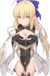  1girl ahoge artoria_pendragon_(all) artoria_pendragon_(caster) bangs black_gloves blonde_hair blue_bow blush bow breasts closed_mouth dress fate/grand_order fate_(series) gloves green_eyes hair_bow hands_on_own_chest juliet_sleeves large_breasts long_hair long_sleeves looking_at_viewer pelvic_curtain puffy_sleeves shiseki_hirame sidelocks simple_background thighs white_background white_dress wide_sleeves 