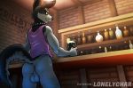  alcohol anthro balls bar beer beverage biped butt canid canine canis clothed clothing collar doggo domestic_dog fur genitals hi_res lonelycharart looking_at_viewer male mammal shirt solo tank_top text topwear undertale video_games white_body white_fur 