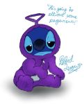  2017 alien blue_body blue_fur blue_nose clothing costume disney english_text experiment_(lilo_and_stitch) fur half-closed_eyes hi_res lilo_and_stitch male male_(lore) narrowed_eyes no_sclera rabidleroy semi-anthro simple_background sitting solo stitch_(lilo_and_stitch) suit teletubbies teletubby text tinky_winky_(teletubbies) toes white_background zipper 
