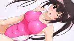  1girl absurdres black_hair breasts collarbone commentary_request competition_swimsuit covered_navel cowboy_shot grey_background highres leaning_forward long_hair looking_at_viewer medium_breasts one-piece_swimsuit one_eye_closed open_mouth original pink_swimsuit purple_eyes sideways simple_background solo sugimura_tomokazu swimsuit twintails 