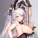  1girl animal_ears azur_lane backless_outfit between_breasts black_bow black_gloves black_leotard bow breasts bunny_ears cleavage condom cum dakimakura detached_collar fake_animal_ears gloves kl501 large_breasts leotard long_hair looking_at_viewer multicolored_hair nipples pole_dancing prinz_eugen_(azur_lane) red_hair silver_hair solo streaked_hair stripper_pole tongue tongue_out used_condom 