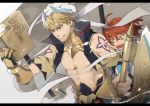  1boy 1girl abs ahoge arabian_clothes arm_tattoo arm_up bangs blonde_hair book chest commentary cropped_vest earrings fate/grand_order fate_(series) faulds fujimaru_ritsuka_(female) gauntlets gilgamesh gilgamesh_(caster)_(fate) gold_armor gorget grin hair_between_eyes hand_on_another&#039;s_arm holding holding_book holding_weapon jewelry kiragera looking_away looking_down pectorals popped_collar red_eyes red_hair scared scrunchie short_hair side_ponytail single_gauntlet smile smoke spiral_eyes standing sweatdrop tattoo teardrop toned toned_male tsurime turban upper_body vest wavy_mouth weapon white_headwear yellow_eyes 