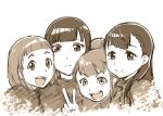  4girls :d closed_mouth commentary_request kobuchizawa_shirase long_hair looking_at_viewer miyake_hinata monochrome multiple_girls open_mouth shiraishi_yuzuki short_hair simple_background smile sora_yori_mo_tooi_basho tamaki_mari ueyama_michirou white_background 