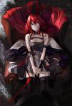  1girl absurdres arknights armband armchair bare_arms bare_shoulders black_legwear breasts chair chinese_commentary cleavage commentary_request detached_collar feet_out_of_frame highres horns huge_filesize long_hair mackia own_hands_together partial_commentary purple_eyes red_hair sitting solo surtr_(arknights) thighhighs zettai_ryouiki 