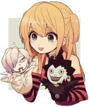  1girl 2others :d amane_misa belt_collar blonde_hair blush_stickers collar death_note demon detached_sleeves earrings green_eyes hand_puppet heart heart_earrings jewelry ka_(marukogedago) multiple_others open_mouth puppet rem_(death_note) ryuk shinigami smile two_side_up 