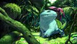  blurry blurry_foreground bulbasaur day depth_of_field forest gen_1_pokemon grass highres looking_at_viewer moss nature no_humans outdoors pokemon pokemon_(creature) realistic teru_sakura tree venusaur 