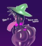  2019 anthro big_butt black_body black_fur blush bovid butt caprine clothed clothing curvy_figure deltarune digital_media_(artwork) edit english_text eyewear fur girly glasses goat hat headgear headwear hi_res huge_butt looking_back male mammal open_mouth pink_clothing purple_background ralsei scarf simple_background solo sqoon text thick_thighs video_games voluptuous white_eyes wide_hips wizard_hat 