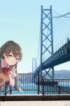  1girl bangs blue_eyes blush bow bowtie breasts bridge brown_hair condensation_trail day kantai_collection kumano_(kantai_collection) long_hair medium_breasts outdoors peeking_out photo_background ponytail red_neckwear satsumi shirt short_sleeves sky solo sweater_vest v water white_shirt 
