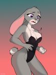  ! 2020 anthro arm_tuft breasts buckteeth cheek_tuft chest_tuft clothed clothing disney ears_back elbow_tufts facial_tuft female fur gradient_background grey_body grey_fur hi_res judy_hopps lagomorph leporid mammal multicolored_body multicolored_fur open_mouth pivoted_ears portrait purple_eyes rabbit shocked_expression simple_background solo teeth three-quarter_portrait tuft two_tone_body two_tone_fur wardrobe_malfunction zhadart zootopia 
