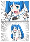  1girl :d blue_eyes blue_hair commentary_request long_hair looking_at_viewer nipako open_mouth pleated_skirt school_uniform skirt smile solo twintails ueyama_michirou ultimate_nipper white_skirt 