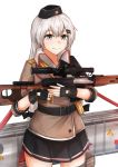 1girl absurdres barrette belt black_gloves black_headwear black_skirt brown_jacket closed_mouth dragunov_svd eyebrows_visible_through_hair girls_frontline gloves grey_eyes grey_hair gun hair_between_eyes hat highres holding holding_weapon huge_filesize jacket jewelry leg_holster long_hair looking_at_viewer military_hat muteppona_hito partly_fingerless_gloves red_star rifle ring shirt silver_hair skirt sniper_rifle solo soviet_flag svd_(girls_frontline) tape thighhighs uniform weapon weapon_case white_background white_shirt 