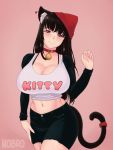  &lt;3 3:4 animal_humanoid bell bell_collar big_breasts black_hair blush bottomwear breasts button_(fastener) cat_humanoid cleavage clothed clothing collar ear_piercing felid felid_humanoid feline feline_humanoid female hair hat headgear headwear huge_breasts humanoid inner_ear_fluff long_hair looking_at_viewer mammal mammal_humanoid mdriff nobro piercing pink_background simple_background skirt solo text text_on_clothing text_on_topwear topwear tuft 