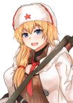  1girl :d absurdres alternate_costume blonde_hair blue_eyes eyebrows_visible_through_hair fur_hat girls_frontline hat highres huge_filesize long_hair looking_at_viewer mod3_(girls_frontline) mosin-nagant_(girls_frontline) muteppona_hito necktie open_mouth red_neckwear red_star side_ponytail smile solo_focus ushanka v weapon weapon_on_back white_background white_headwear 