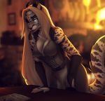  anthro black_body black_fur blonde_hair blue_eyes breasts catherinemeow clothed clothing detailed_background felid female fluffy fluffy_tail fur hair hi_res leopard mammal multicolored_body multicolored_fur open_mouth open_smile pantherine smile solo teeth two_tone_body two_tone_fur white_body white_fur 