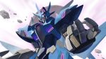  alus_earthree_gundam close-up english_commentary gundam gundam_build_divers gundam_build_divers_re:rise highres looking_at_viewer mecha myjet no_humans one-eyed open_hand purple_eyes science_fiction solo upper_body v-fin 