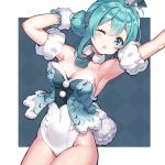  1girl absurdres aqua_eyes aqua_hair armpits arms_up bicute_bunnies_miku breasts collar covered_navel cowboy_shot double_bun hair_between_eyes hatsune_miku hatsune_miku_graphy_collection highres leotard lim_jaejin medium_breasts mini_necktie one_eye_closed open_mouth sidelocks solo vocaloid 