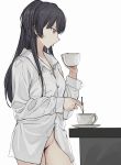  1girl bangs black_hair blunt_bangs brown_eyes collarbone collared_shirt counter cup dress_shirt eyebrows_visible_through_hair female_pubic_hair highres holding holding_cup idolmaster idolmaster_shiny_colors liu_chi_tiantang_fr long_hair mayuzumi_fuyuko mug naked_shirt pubic_hair saucer shirt simple_background solo stirrer stirring tongue tongue_out two_side_up white_background 