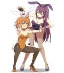  2girls absurdres ahoge alcohol animal_ears balancing bangs bare_shoulders blush bottle breasts bunny_ears bunny_tail bunnysuit cleavage clenched_teeth cup detached_collar drinking_glass fake_animal_ears fate/grand_order fate_(series) fishnet_legwear fishnets fujimaru_ritsuka_(female) high_heels highres large_breasts leotard long_hair medium_breasts multiple_girls one_side_up orange_eyes orange_hair orange_leotard outstretched_arms piercing_bunny pouring purple_hair purple_leotard red_eyes scathach_(fate)_(all) scathach_(fate/grand_order) simple_background squatting strapless strapless_leotard tail teeth trembling white_background wine wine_bottle wine_glass wrist_cuffs xiafuizui 