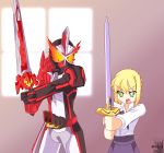  1boy 1girl absurdres ahoge armor artoria_pendragon_(all) blonde_hair blouse crossover dress excalibur eyebrows_visible_through_hair fate/stay_night fate_(series) flaming_eyes green_eyes hair_ribbon highres holding holding_sword holding_weapon horns kamen_rider kamen_rider_saber kamen_rider_saber_(series) orange_eyes reiei_8 ribbon saber short_hair single_horn skirt sword tokusatsu weapon wonder_ride_book 