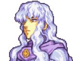 1boy berserk cape close-up closed_mouth english_commentary face fire_emblem frown glaceo glaring griffith_(berserk) long_hair looking_down lowres parody pixel_art portrait purple_cape solo style_parody transparent_background upper_body white_hair 