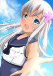  1girl absurdres black_neckwear black_sailor_collar blonde_hair blue_eyes blue_sky blue_swimsuit cloud crop_top highres kantai_collection long_hair looking_at_viewer neckerchief reaching_out ro-500_(kantai_collection) sailor_collar school_swimsuit sky solo swimsuit swimsuit_under_clothes tan tonbury upper_body 