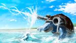  blastoise blue_sky cannon cloud day from_side gen_1_pokemon highres hydro_cannon_(pokemon) no_humans ocean outdoors pokemon pokemon_(creature) sky standing teru_sakura waves 